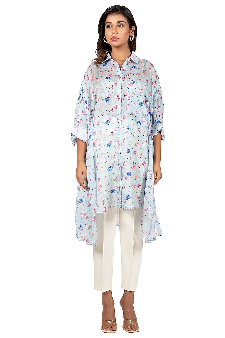 Ice Blue Printed Summer Shirt Dress by Islie by Priya Jain at Pernia's Pop Up Shop