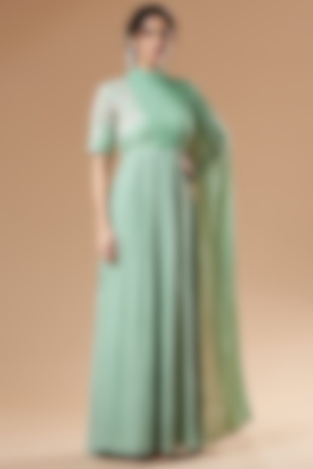 Turquoise Natural Crepe Fit Gown by Islie by Priya Jain