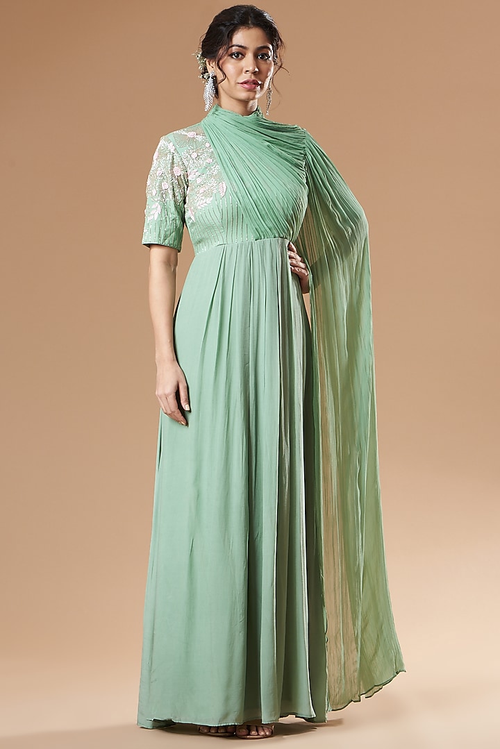 Turquoise Natural Crepe Fit Gown by Islie by Priya Jain