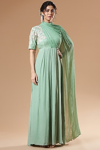 Turquoise Natural Crepe Fit Gown by Islie by Priya Jain