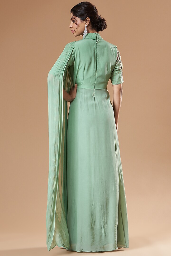 Turquoise Natural Crepe Fit Party Wear Gown by Islie by Priya Jain at Pernia's Pop Up Shop