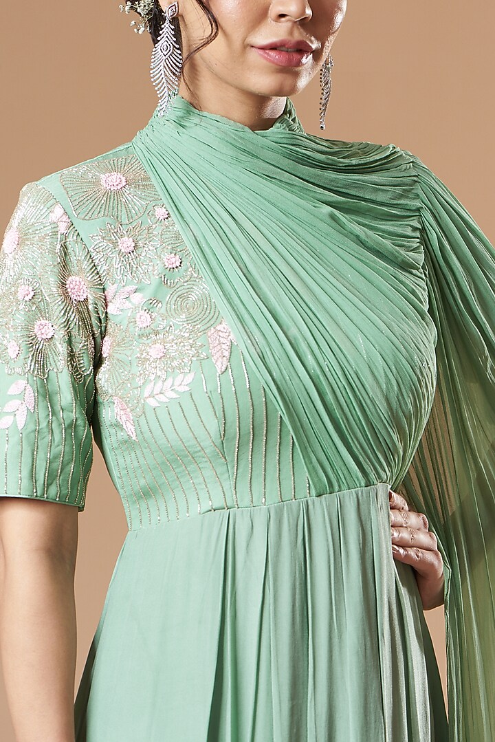 Turquoise Natural Crepe Fit Party Wear Gown by Islie by Priya Jain at Pernia's Pop Up Shop