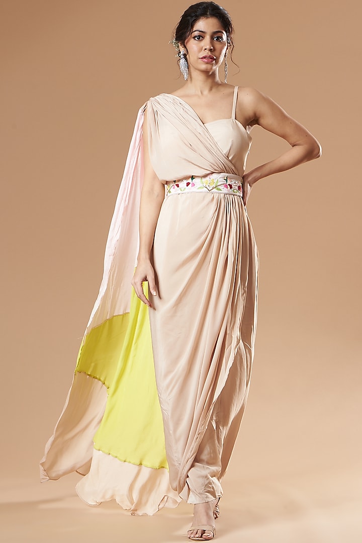 Beige Natural Crepe Draped Dress With Belt by Islie by Priya Jain at Pernia's Pop Up Shop