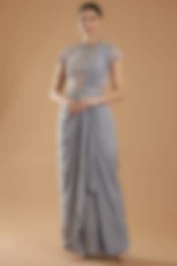 Grey Silk Crepe Draped Skirt Set by Islie by Priya Jain at Pernia's Pop Up Shop