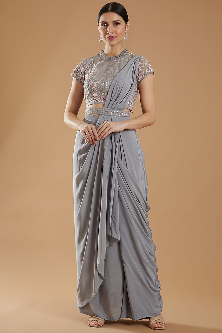 Grey Silk Crepe Draped Skirt Set by Islie by Priya Jain