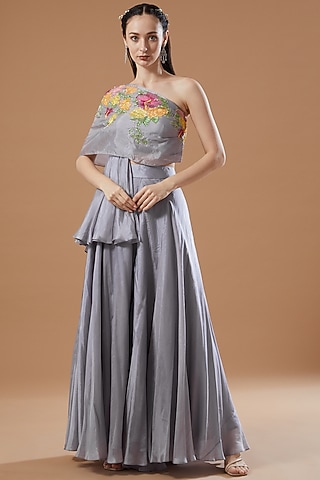 Grey Summer Silk Pant Set by Islie by Priya Jain