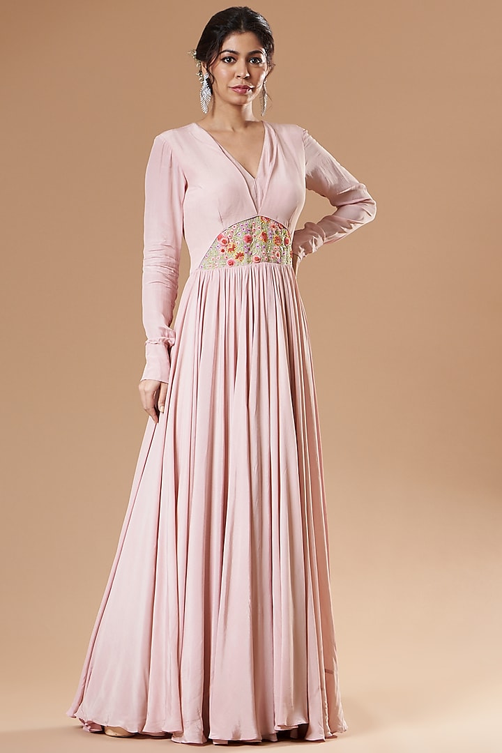 Blush Pink Embroidered Gown by Islie by Priya Jain