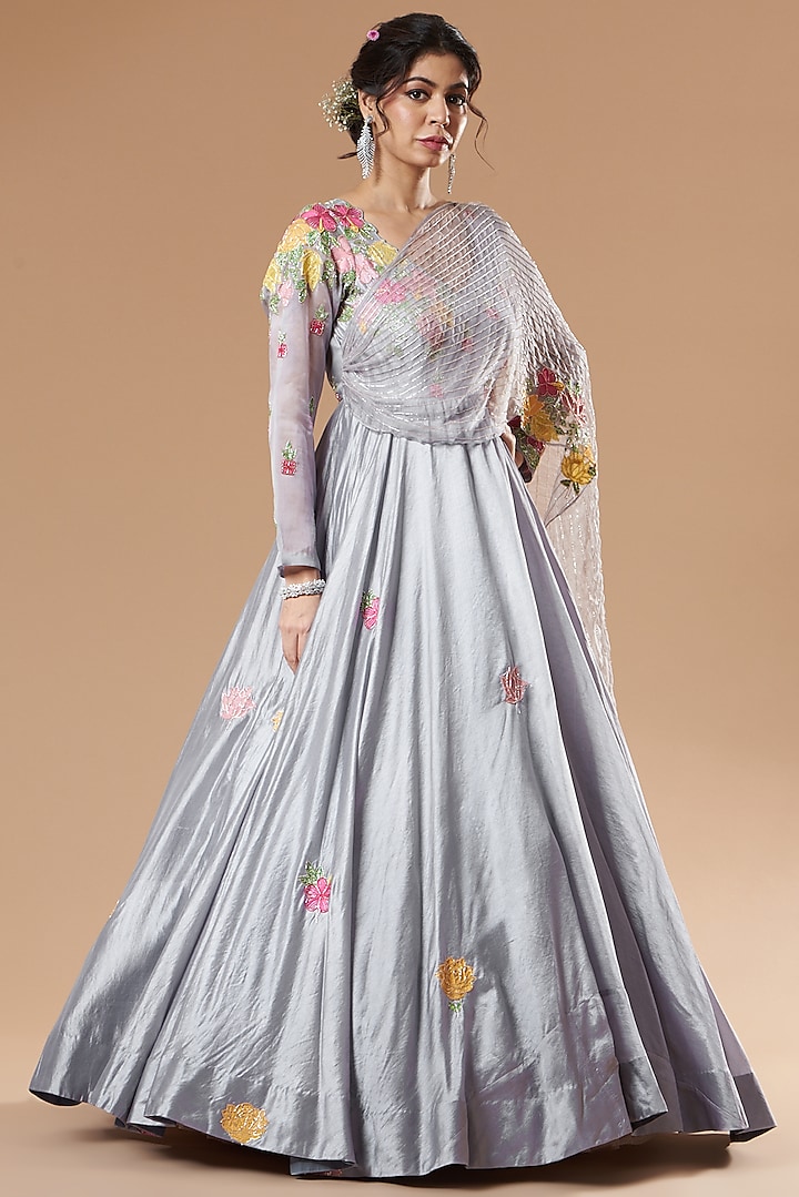 Grey Kora Silk Draped Gown by Islie by Priya Jain at Pernia's Pop Up Shop