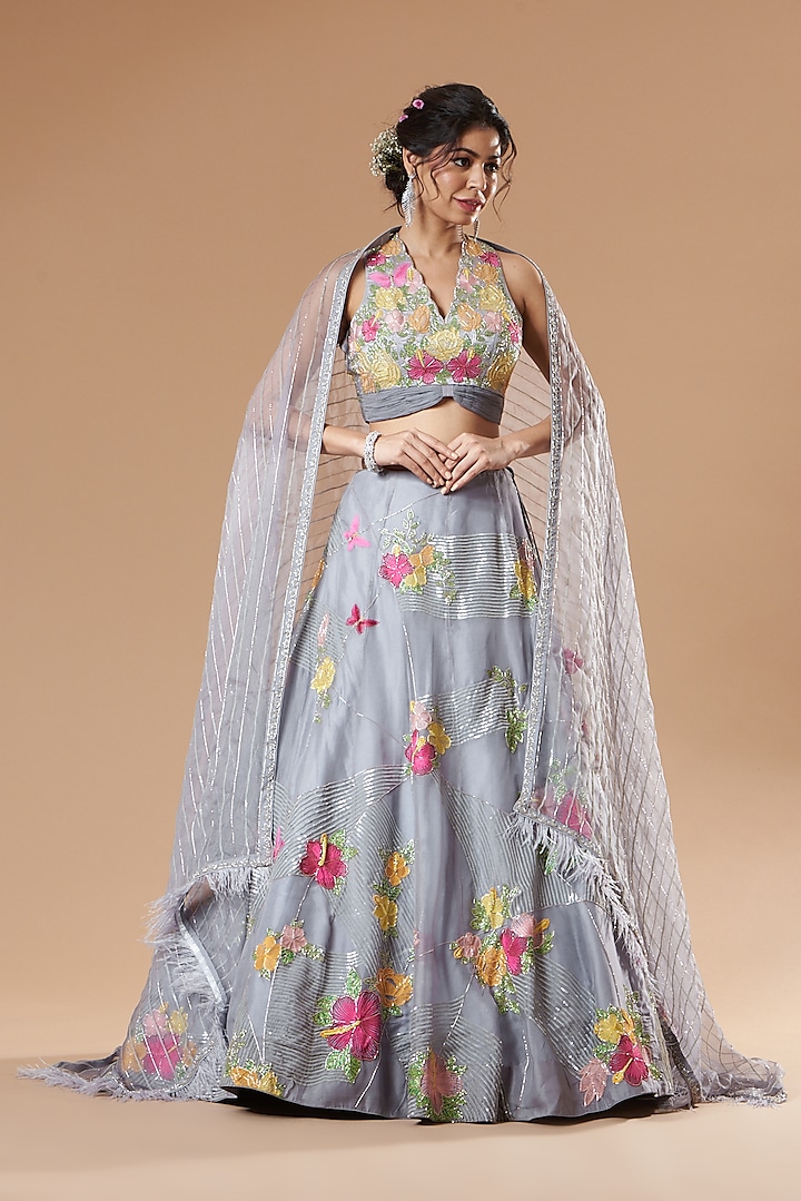 Grey Organza Embroidered Bridal Lehenga Set by Islie by Priya Jain at Pernia's Pop Up Shop