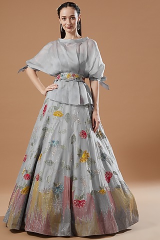 Grey Organza Embroidered Lehenga Set by Islie by Priya Jain