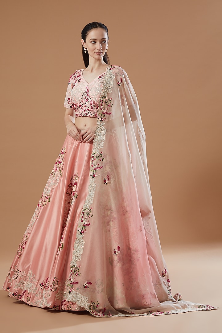 Peach Organza Embroidered Bridal Lehenga Set by Islie by Priya Jain at Pernia's Pop Up Shop