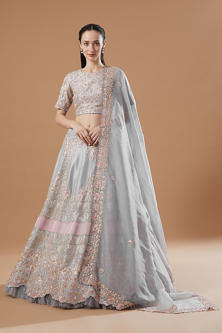 Grey Kora Silk Embroidered Bridal Lehenga Set by Islie by Priya Jain at Pernia's Pop Up Shop