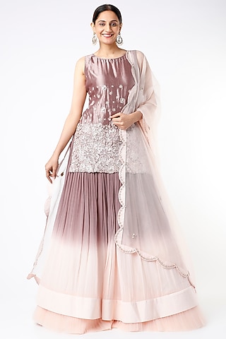 Mauve & Blush Pink Georgette Crushed Lehenga Set by Islie by Priya Jain