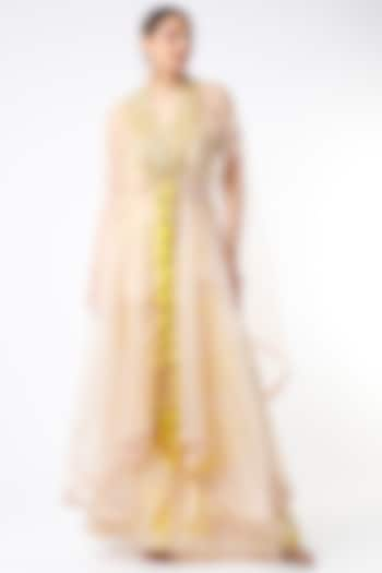 Light Yellow Kora Silk & Organza Cape Set by Islie by Priya Jain