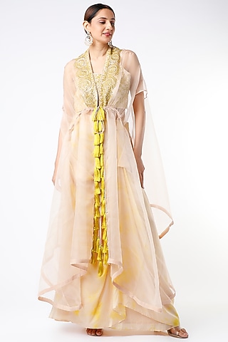 Light Yellow Kora Silk & Organza Cape Set by Islie by Priya Jain