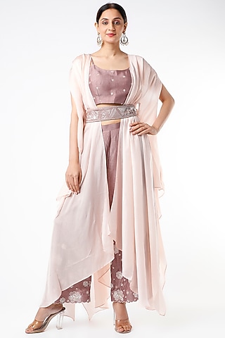 Mauve Straight Pant Set With Blush Pink Cape by Islie by Priya Jain
