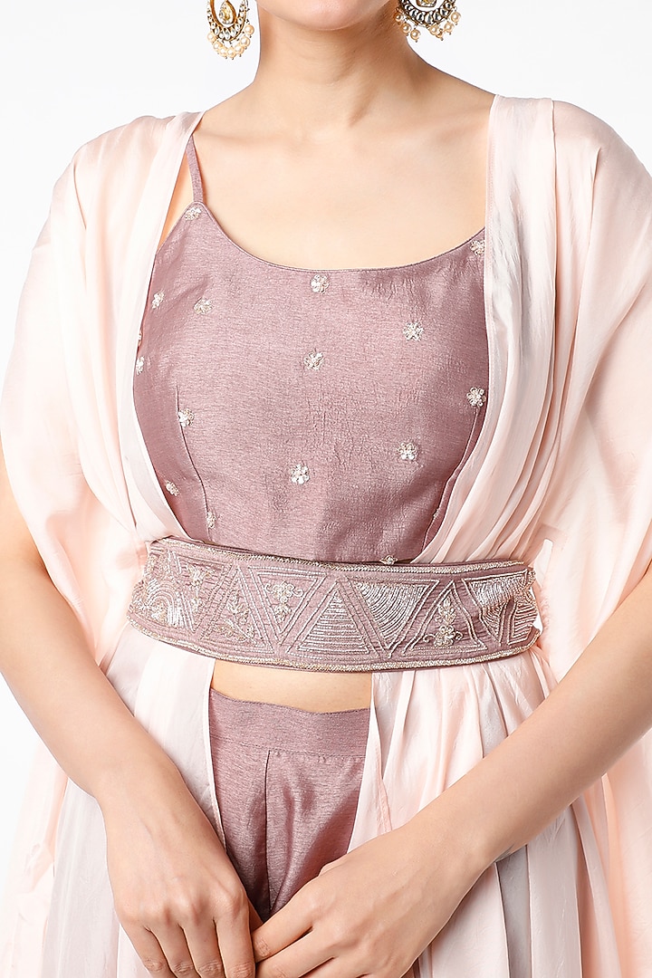 Mauve Straight Pant Set With Blush Pink Cape by Islie by Priya Jain at Pernia's Pop Up Shop