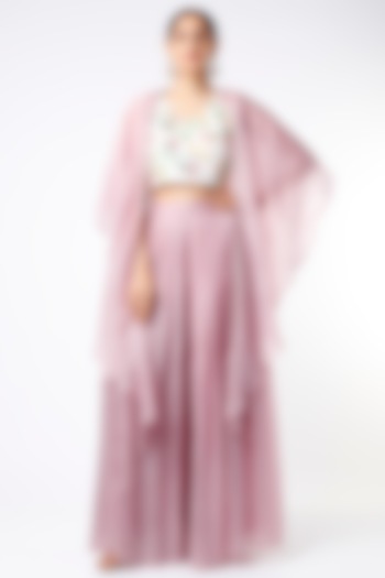 Mauve Pleated Palazzo Pant Set With Cape by Islie by Priya Jain