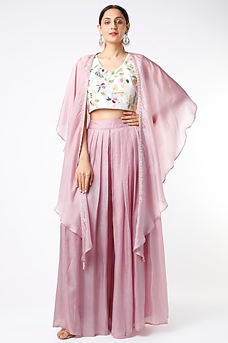 Mauve Pleated Palazzo Pant Set With Cape by Islie by Priya Jain