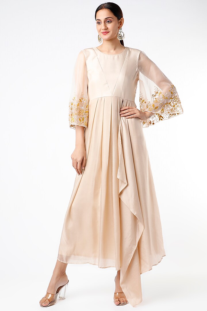 Nude Embroidered Draped Maxi Dress by Islie by Priya Jain