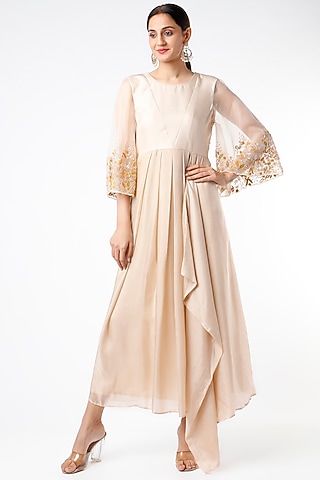 Nude Embroidered Draped Maxi Dress by Islie by Priya Jain