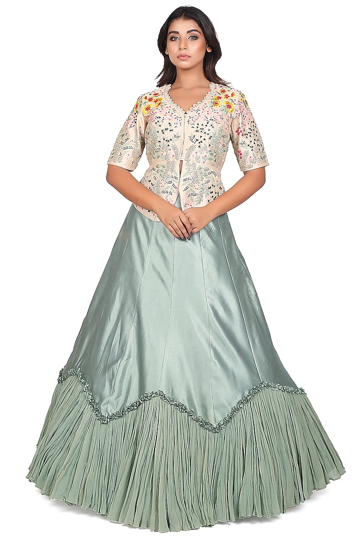 Catalina Green Kora Silk Frilled Skirt Set by Islie by Priya Jain