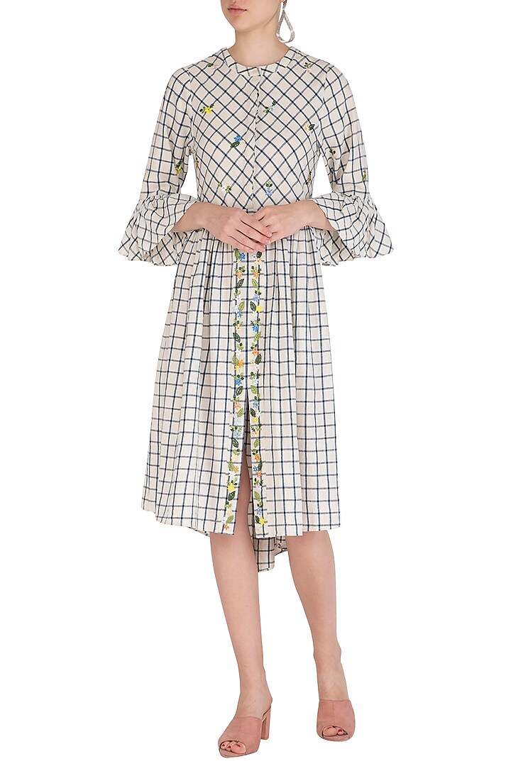 White Checkered Vacation Shirt Dress With Floral Embroidery  by Irabira at Pernia's Pop Up Shop