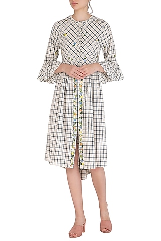 White Checkered Shirt Dress With Floral Embroidery  by Irabira