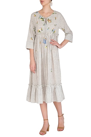 Indigo Embroidered Striped Dress by Irabira