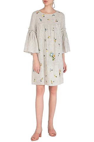 Indigo Floral Embroidered Striped Dress by Irabira