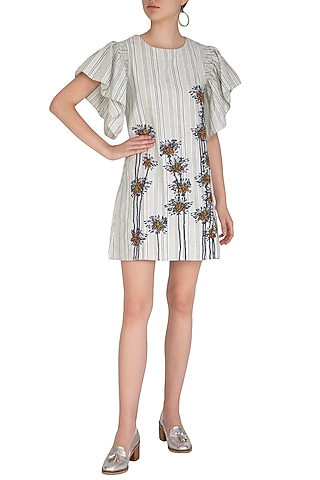 Indigo Hand Embroidered & Striped Dress by Irabira