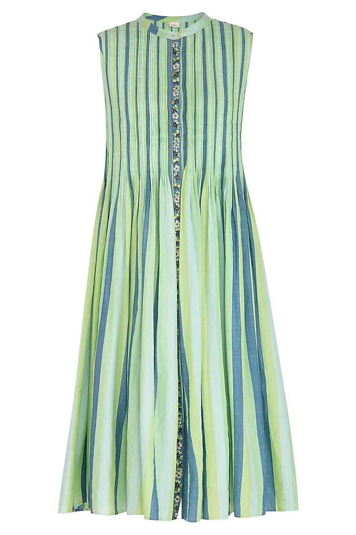Green Pleated, Striped & Embroidered Dress With Inner Slip by Irabira