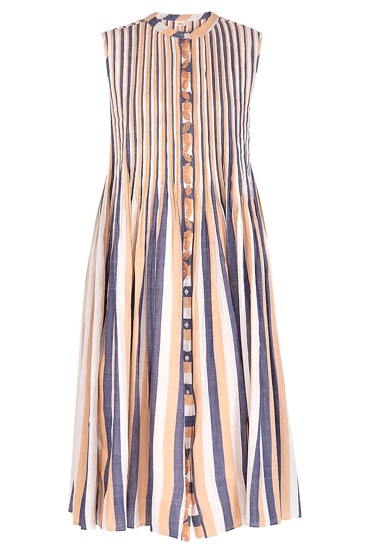 Ochre Pleated, Striped & Embroidered Dress by Irabira