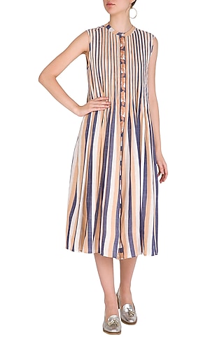 Ochre Pleated, Striped & Embroidered Dress by Irabira