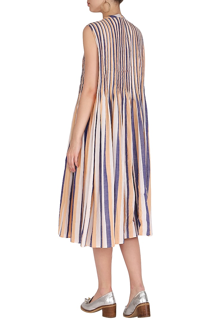 Ochre Pleated, Striped & Embroidered Vacation Dress by Irabira at Pernia's Pop Up Shop