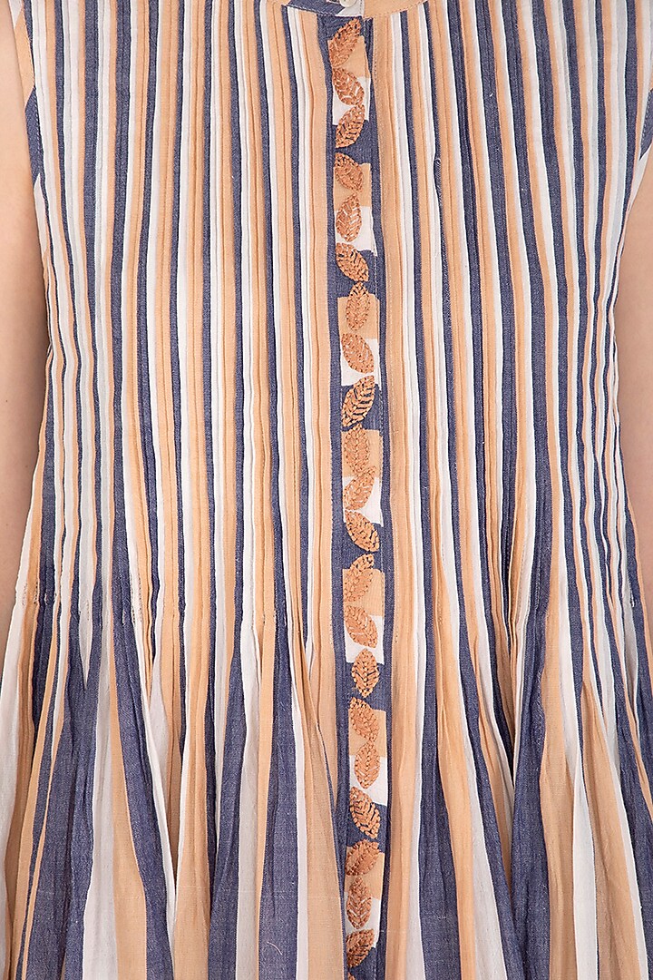 Ochre Pleated, Striped & Embroidered Vacation Dress by Irabira at Pernia's Pop Up Shop