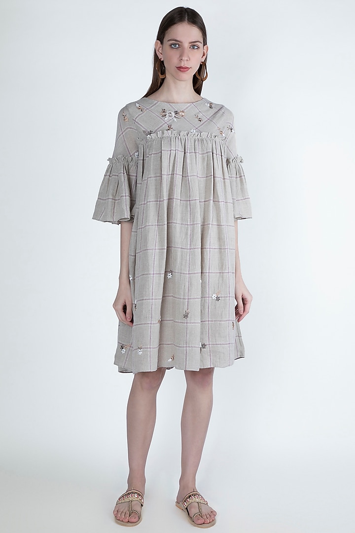 Beige Embroidered & Checkered Dress by Irabira