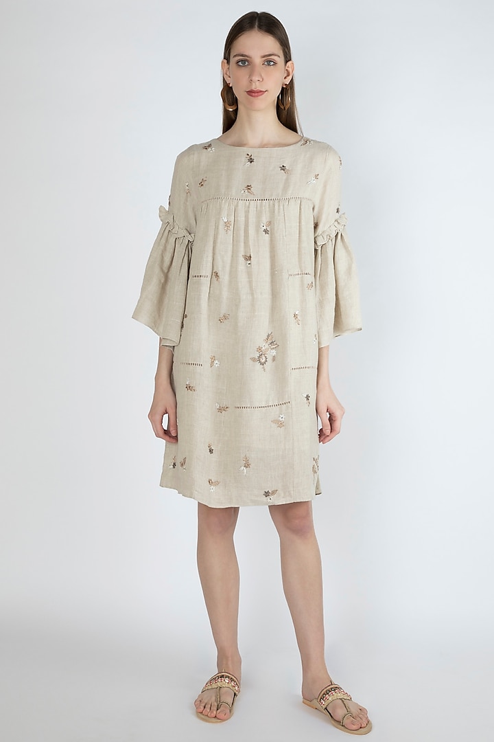 Beige Embroidered Textured Dress by Irabira