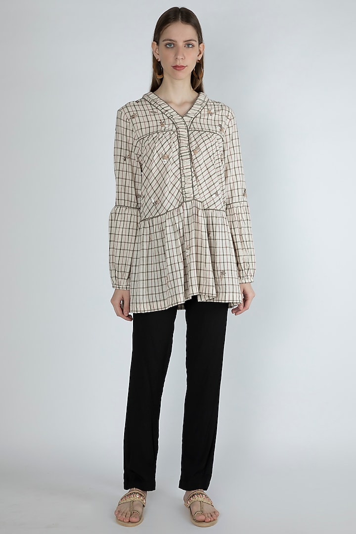 Beige Checkered & Embroidered Blouse by Irabira