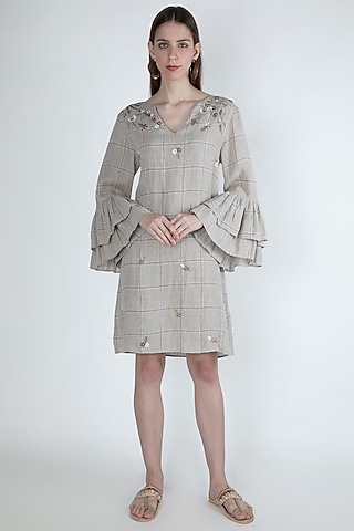 Beige Embroidered Dress With Ruffled Sleeves by Irabira