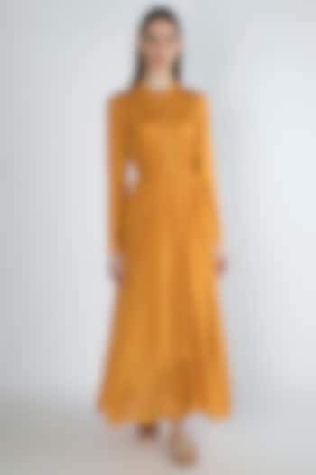 Orange Pleated Maxi Dress With Slip by Irabira Urban