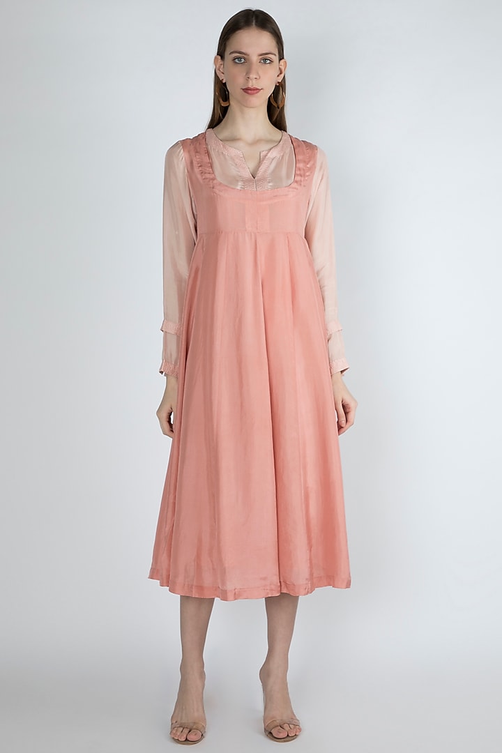 Salmon Pink Embroidered Kurta Dress With Slip by Irabira Urban