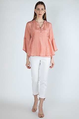 Salmon Pink Gathered Blouse With Slip by Irabira Urban