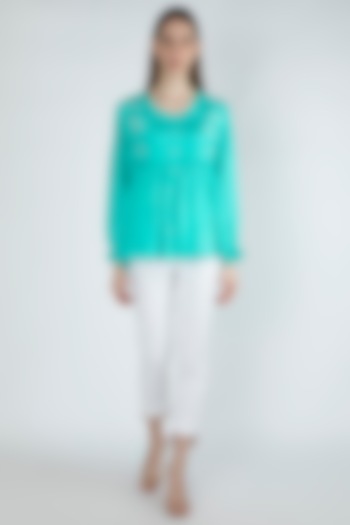 Aqua Blue Embroidered Gathered Blouse by Irabira