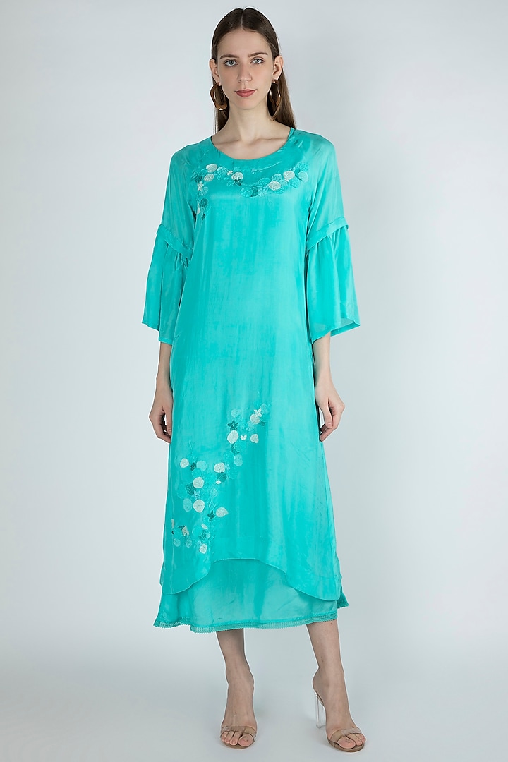 Aqua Blue Embroidered A-Line Dress by Irabira