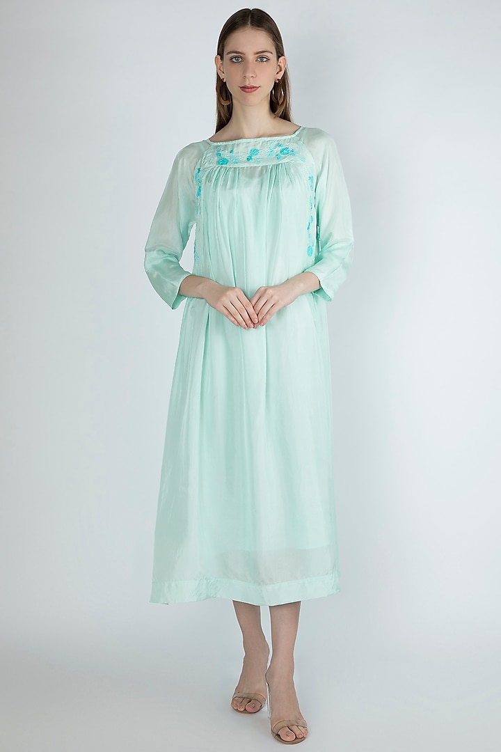 Light Aqua Blue Embroidered Dress With Slip by Irabira