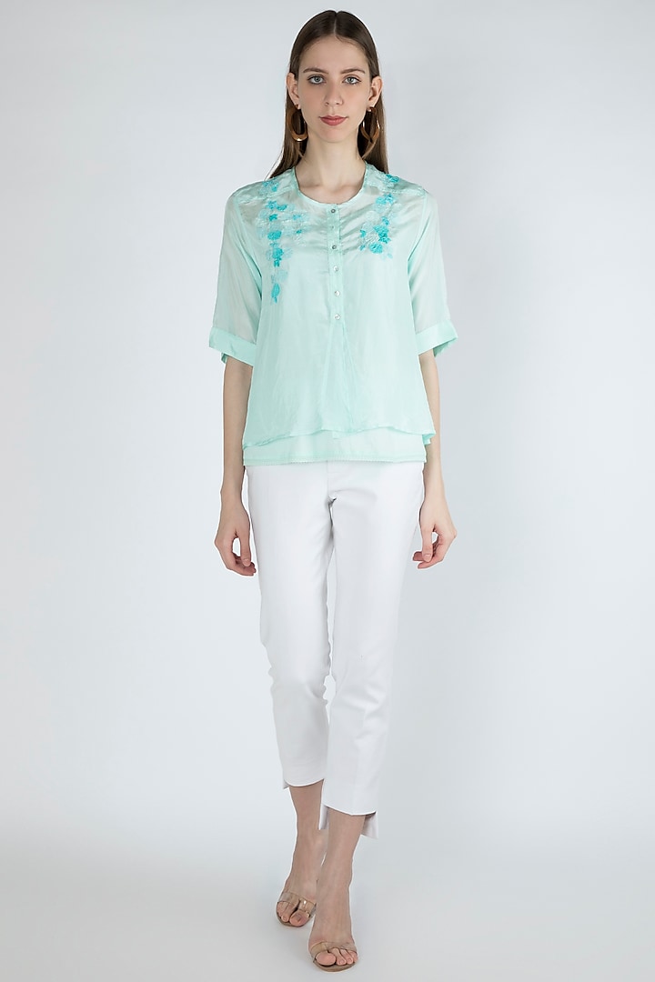 Light Aqua Blue Embroidered Blouse With Slip by Irabira at Pernia's Pop Up Shop