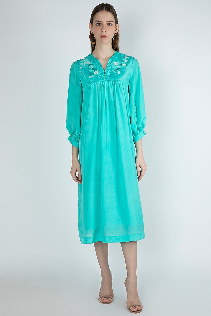 Aqua Blue Embroidered Gathered Dress by Irabira