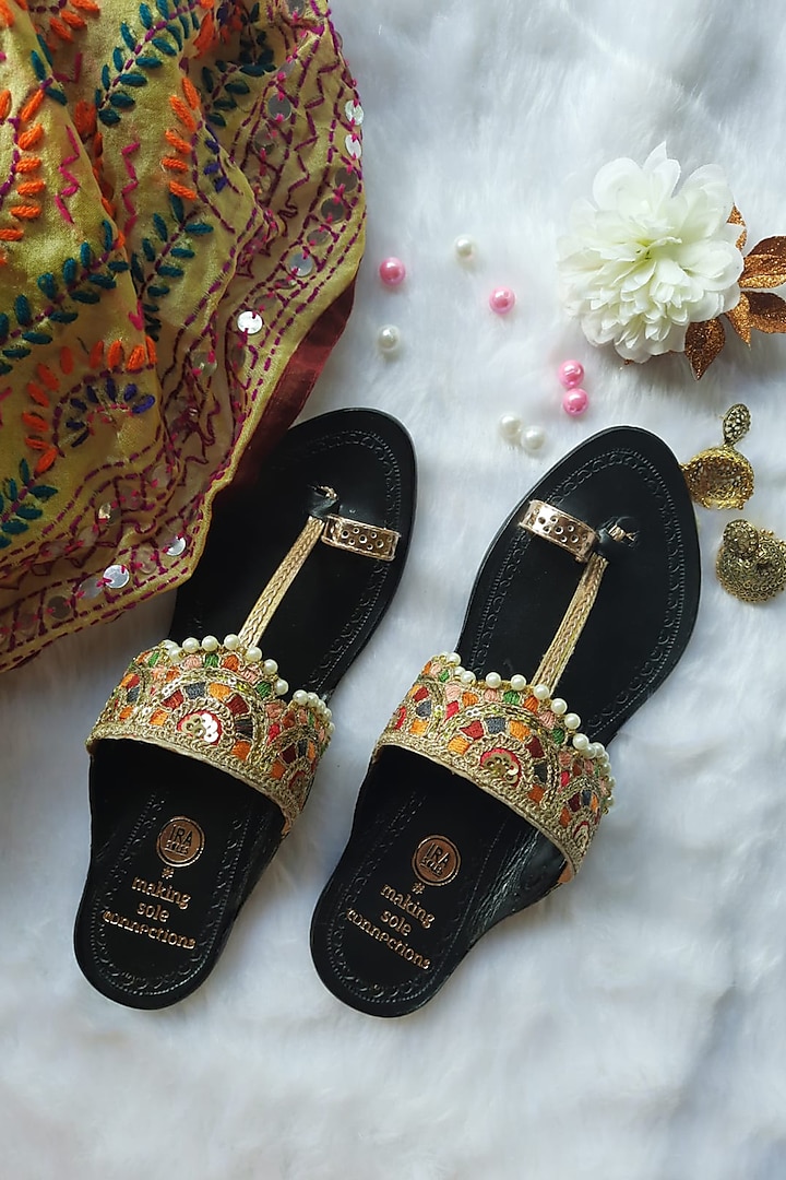 Black Handcrafted Flats by IRA SOLES
