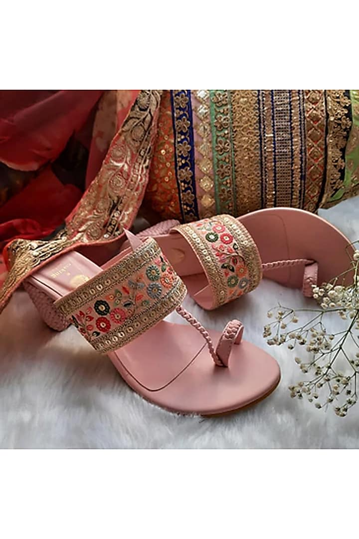 Pink Hand Embroidered Heels by IRA SOLES